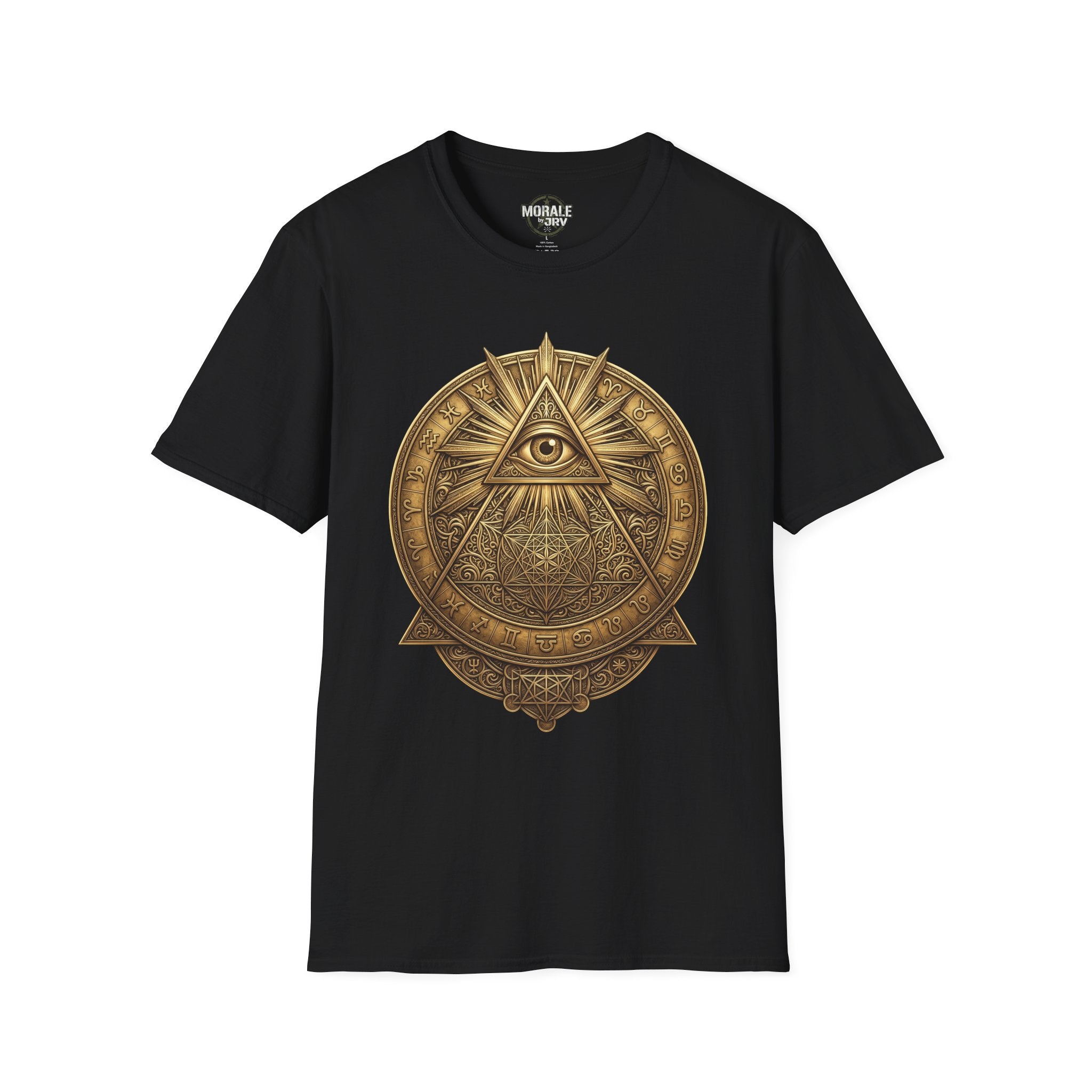 Black t-shirt with gold all-seeing eye mandala pyramid emblem