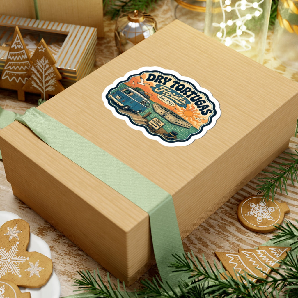 Dry Tortugas National Park sticker on wrapped gift: teal van, fort building, ferry boarding sign