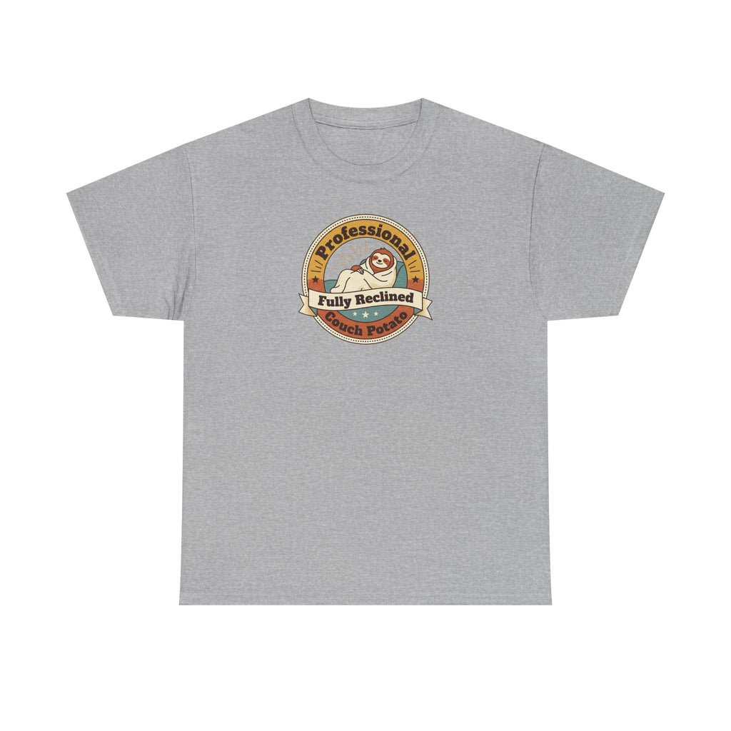 Gray T-shirt with circular sloth logo graphic on chest.