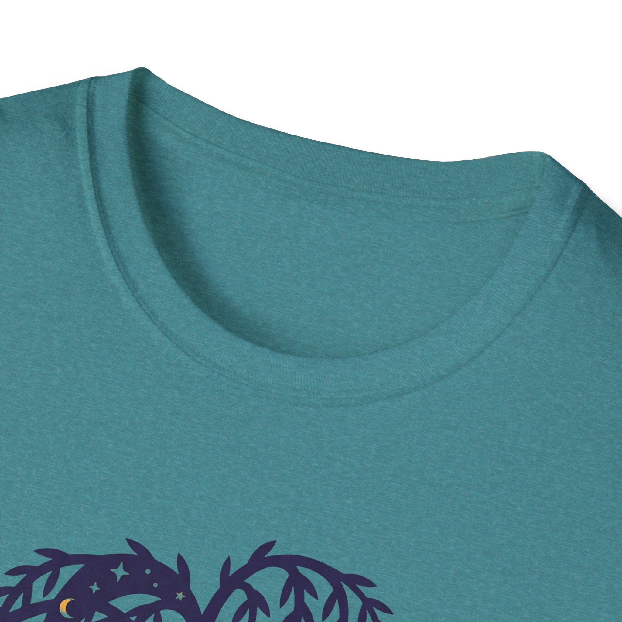 Teal/blue-green T-shirt neckline and upper chest area, no graphic details visible