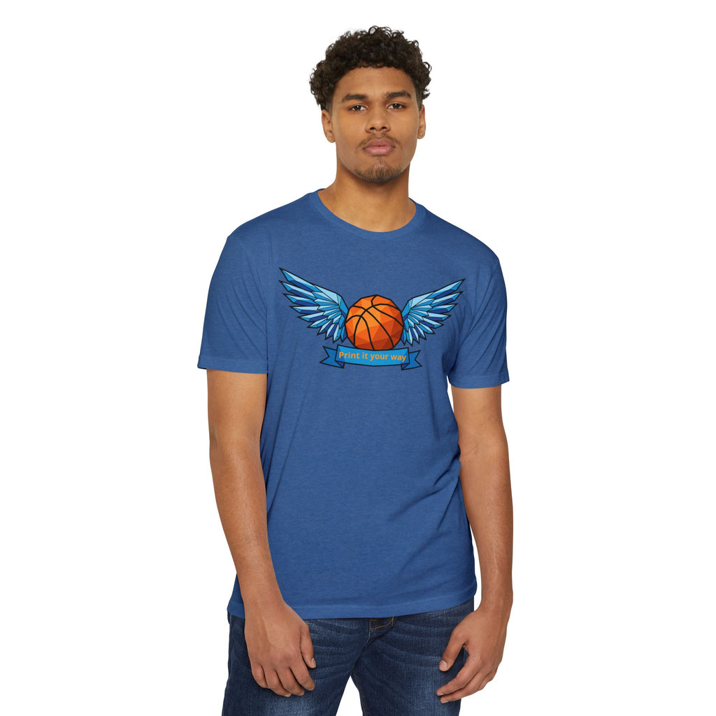 Blue basketball t-shirt with winged basketball graphic on the chest, crew neck