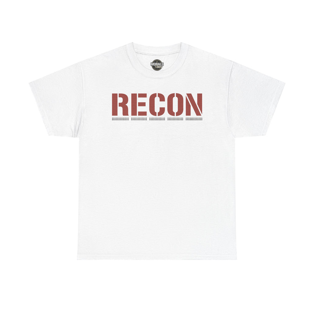 White unisex graphic T-shirt with large 'RECON' stencil logo on chest