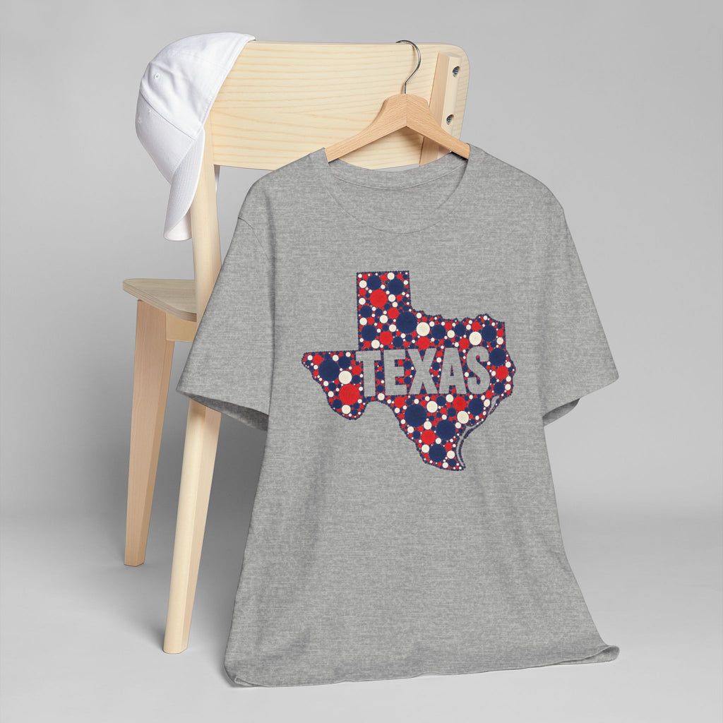 Heather gray crew-neck t-shirt with red, white, and blue polka-dot Texas graphic