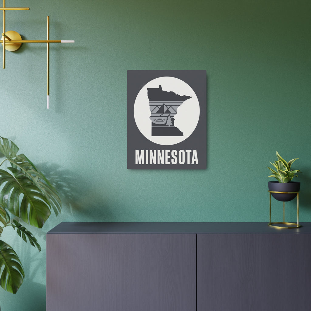 Minnesota metal wall sign with dark gray frame, white circle, state silhouette and “MINNESOTA” lettering.