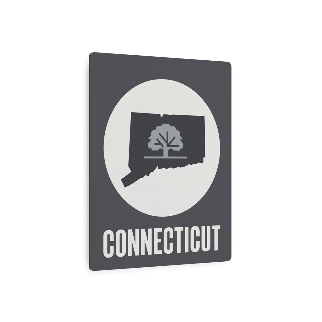 Connecticut state metal wall art sign with tree silhouette in circle and CONNECTICUT word