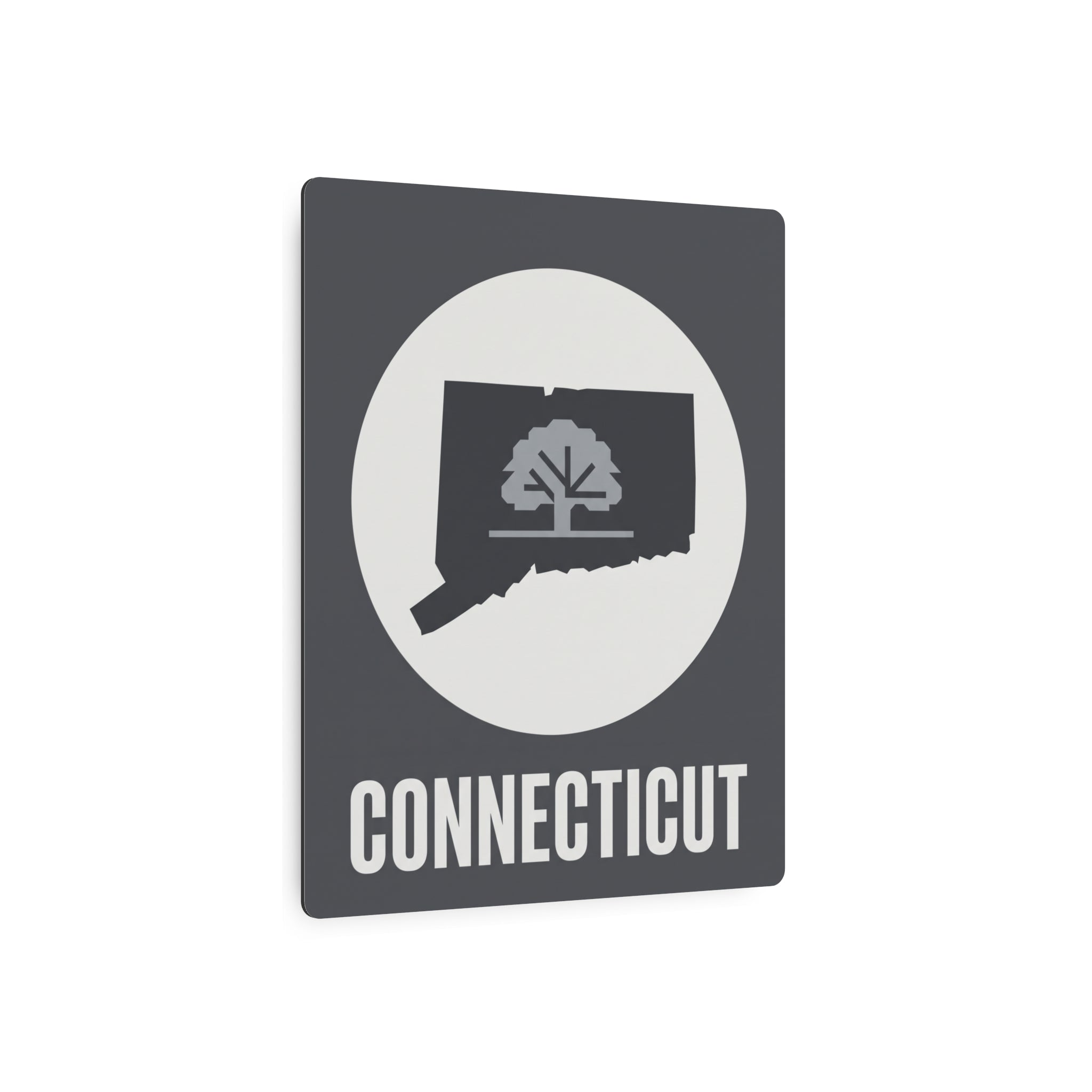 Connecticut state metal wall art sign with tree silhouette in circle and CONNECTICUT word