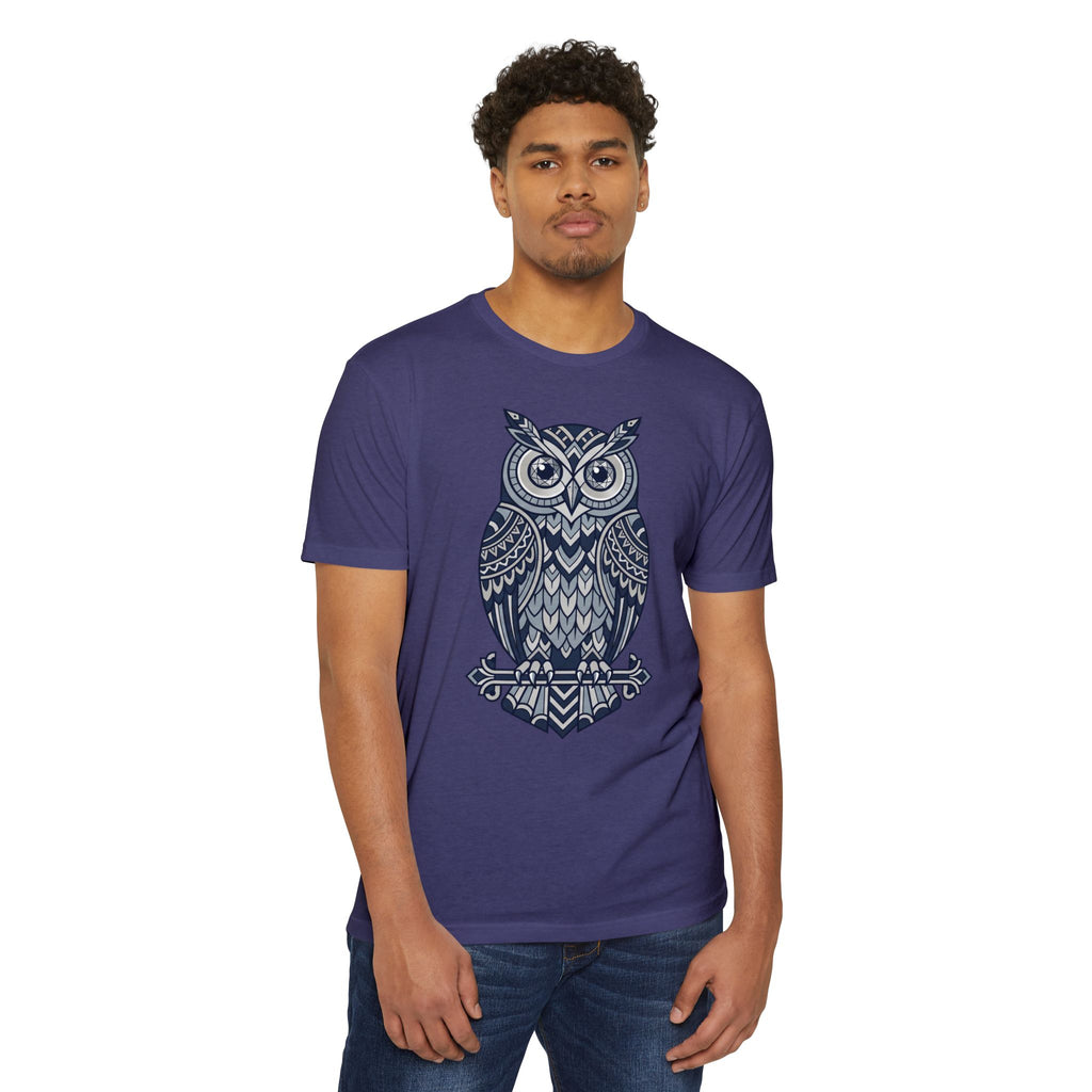 Purple crewneck T-shirt with blue owl graphic on chest