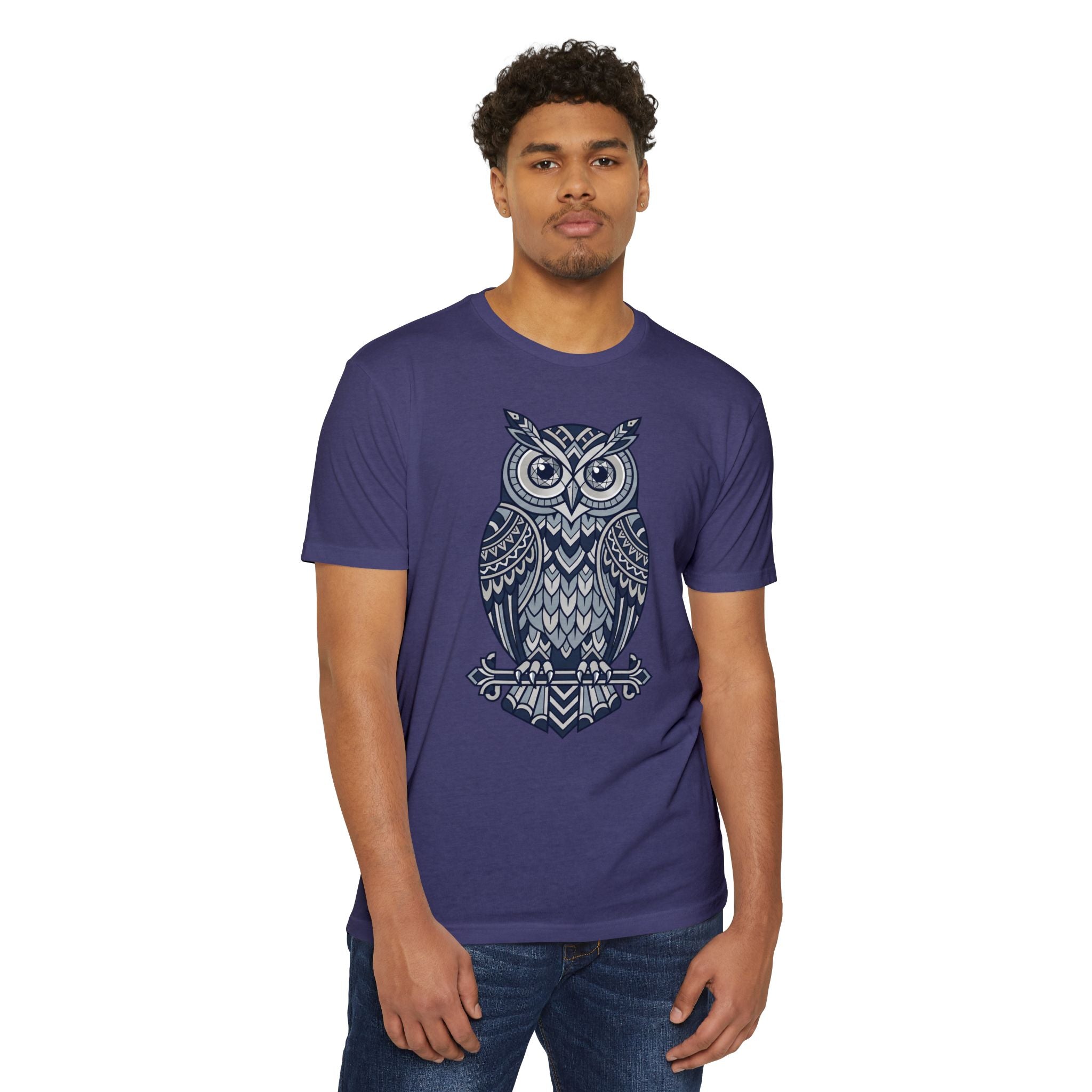 Purple crewneck T-shirt with blue owl graphic on chest