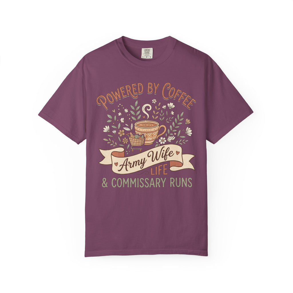 Purple crewneck T-shirt with “Powered by Coffee” and coffee-life graphic
