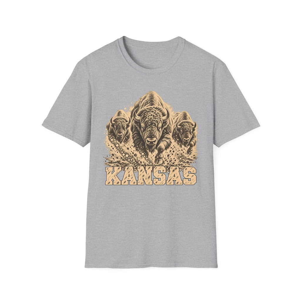 Light gray Kansas bison graphic T-shirt with front “KANSAS” text