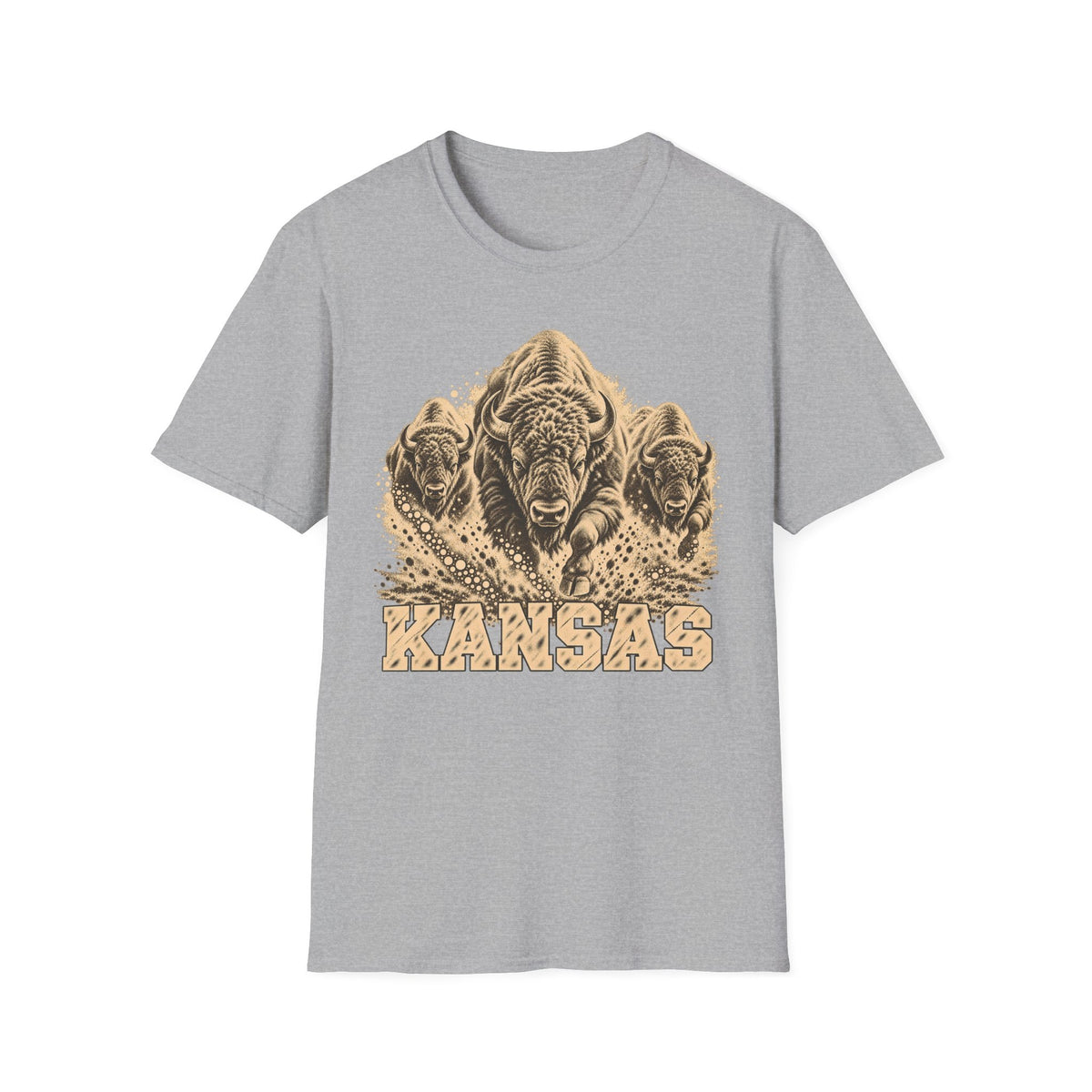 Light gray Kansas bison graphic T-shirt with front “KANSAS” text