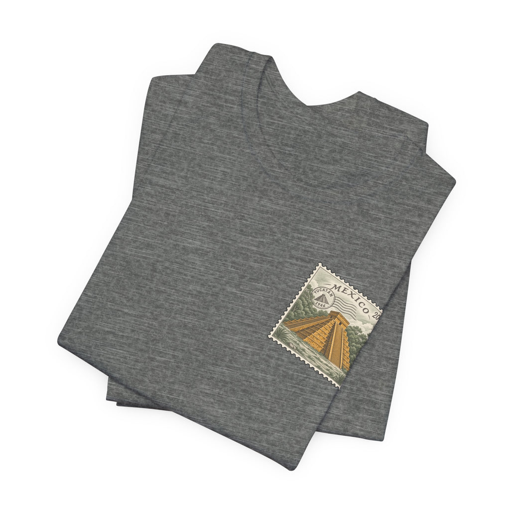 Dark gray heather crew-neck T-shirt with Mexico postage stamp graphic