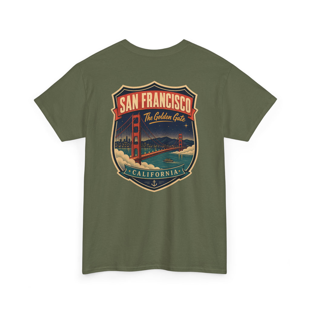 Military green T-shirt with San Francisco city luggage tag badge graphic