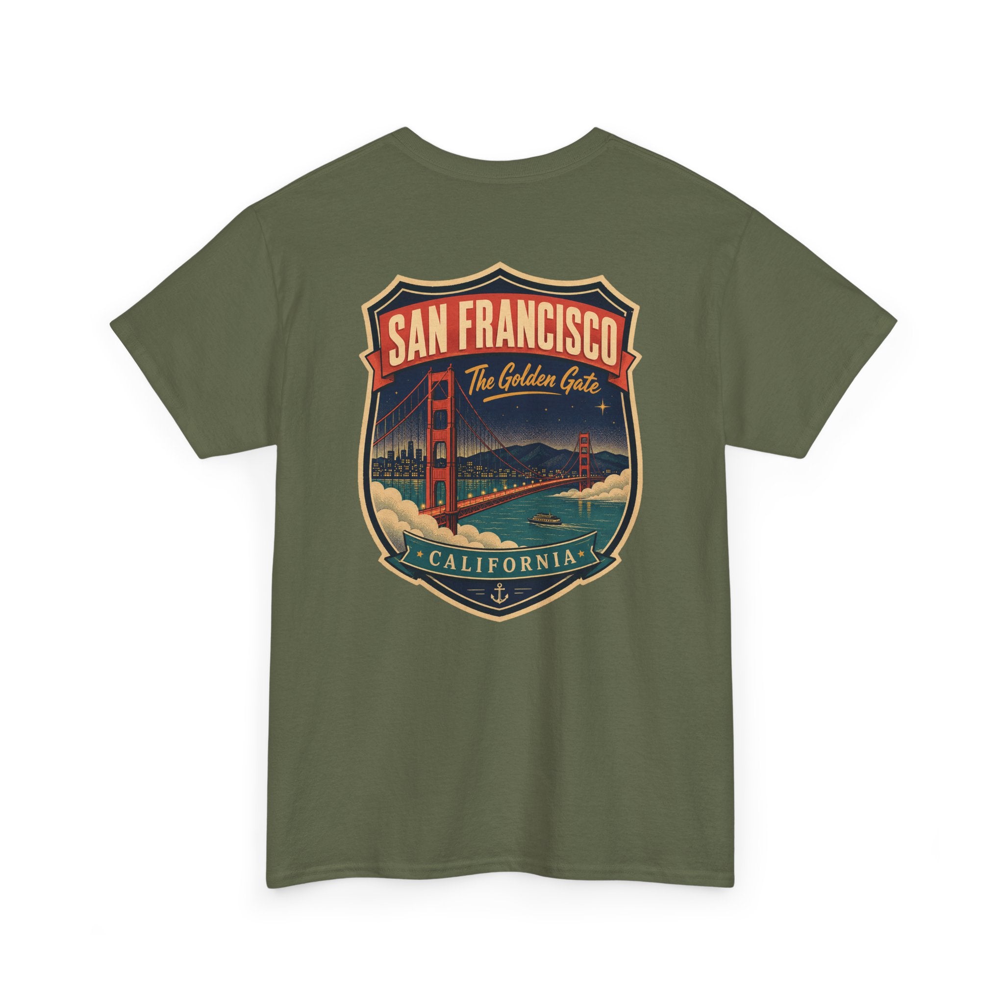 Military green T-shirt with San Francisco city luggage tag badge graphic