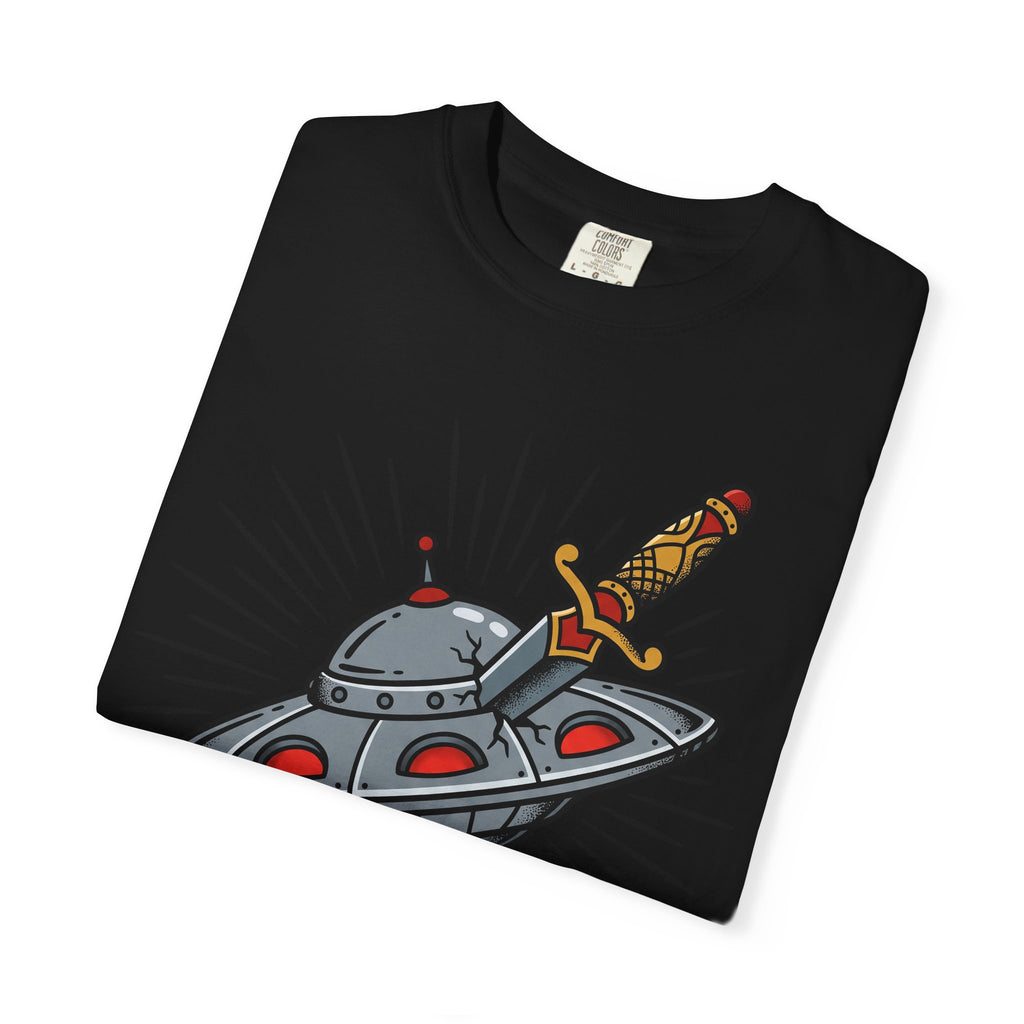 Black T-shirt with retro UFO and dagger graphic in center