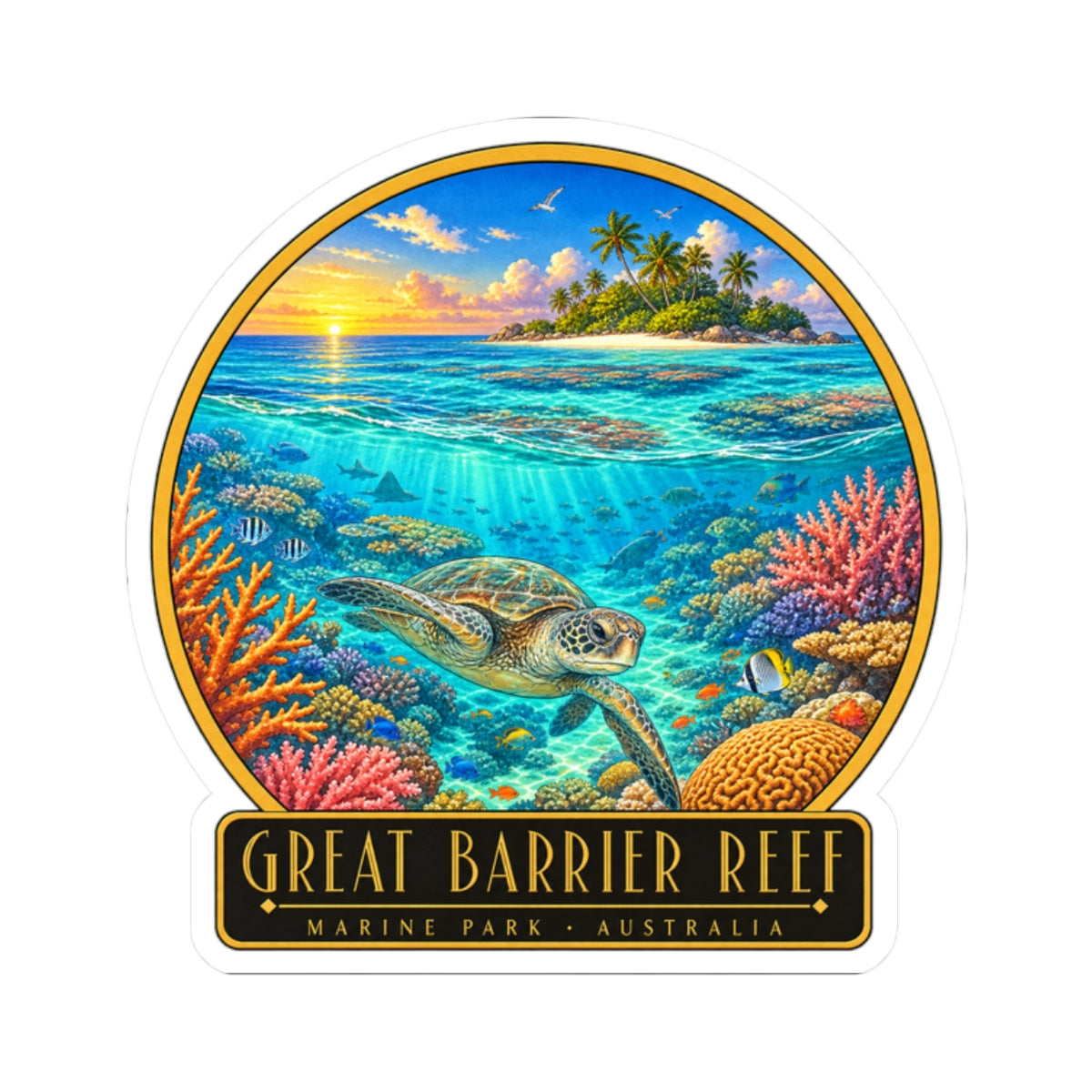 Great Barrier Reef marine park vinyl sticker showing a sea turtle and coral reef scene