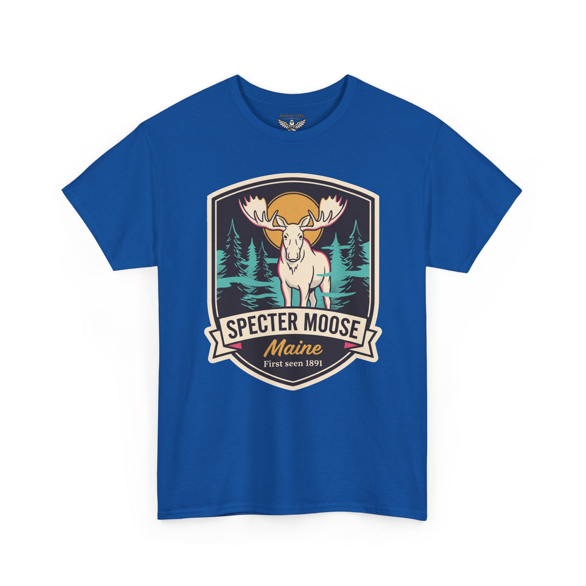 Royal blue T-shirt with vintage moose badge graphic and Maine text