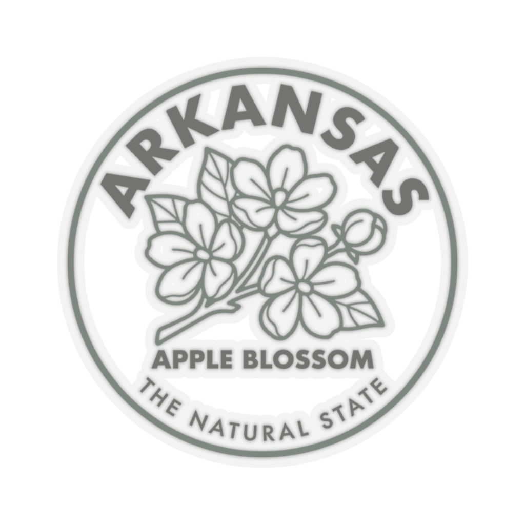 Round Arkansas apple blossom sticker with floral line art and “THE NATURAL STATE” text.