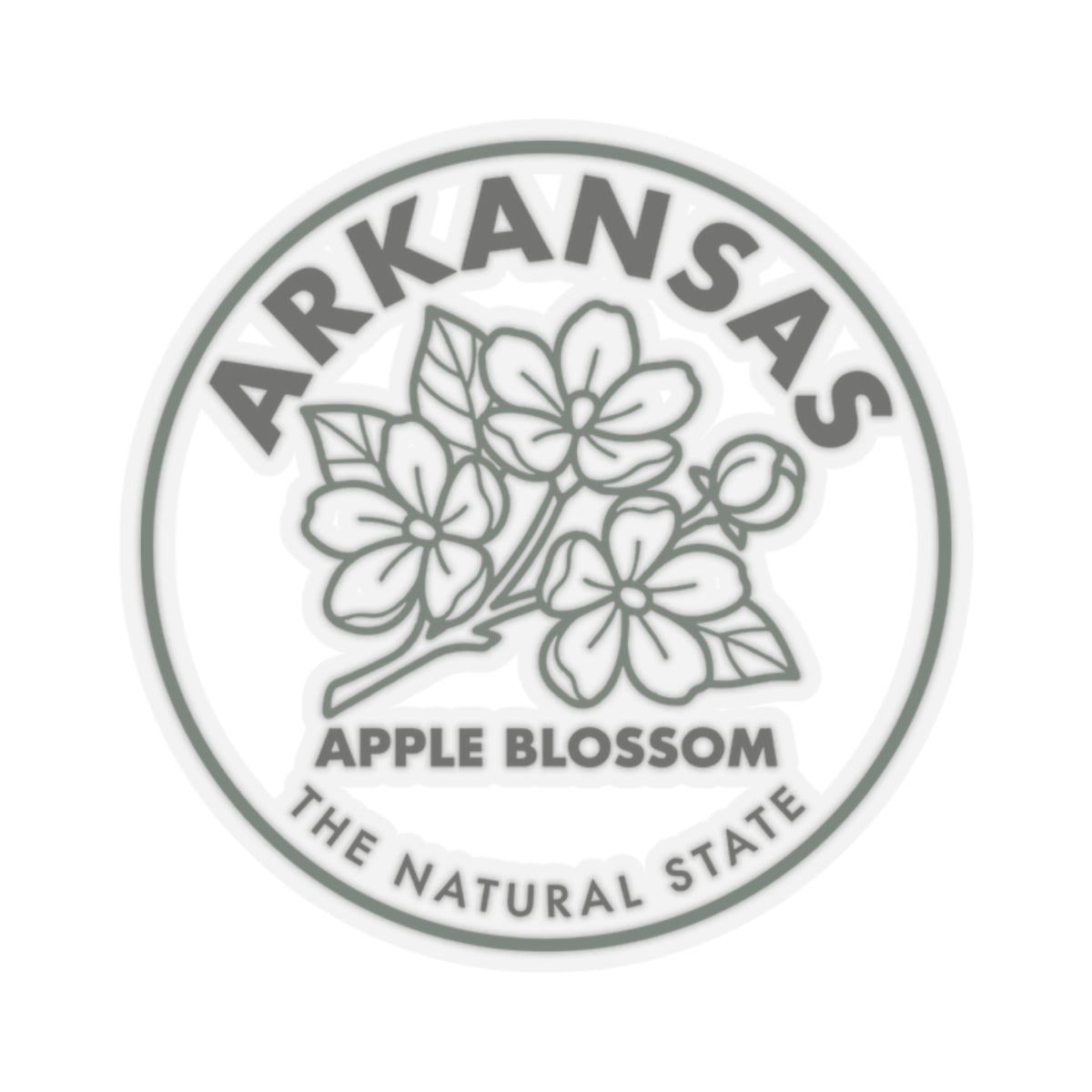 Round Arkansas apple blossom sticker with floral line art and “THE NATURAL STATE” text.