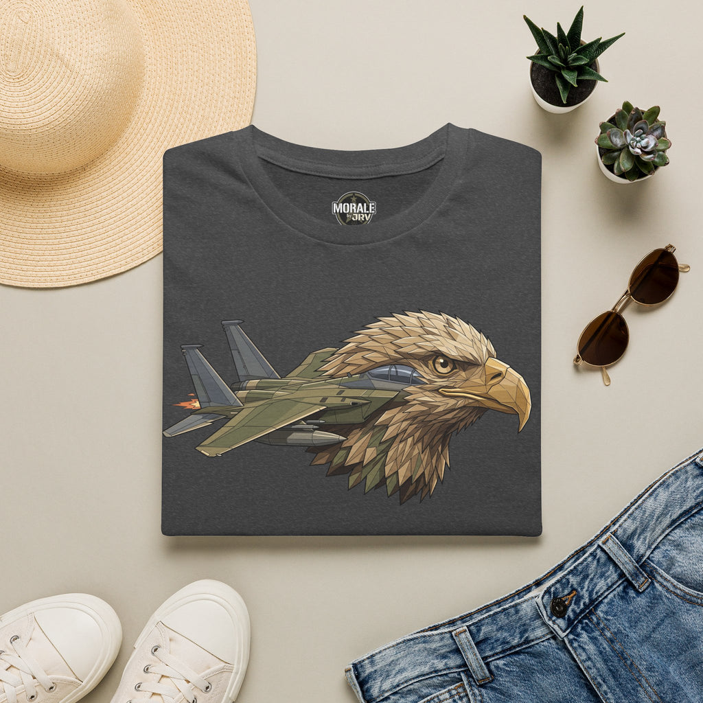 Dark gray T-shirt with eagle head and military jet graphic on the front