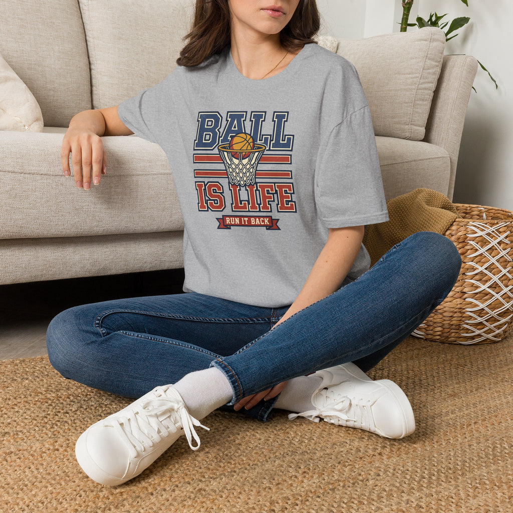 Light gray basketball T-shirt worn with "BALL IS LIFE" hoop graphic