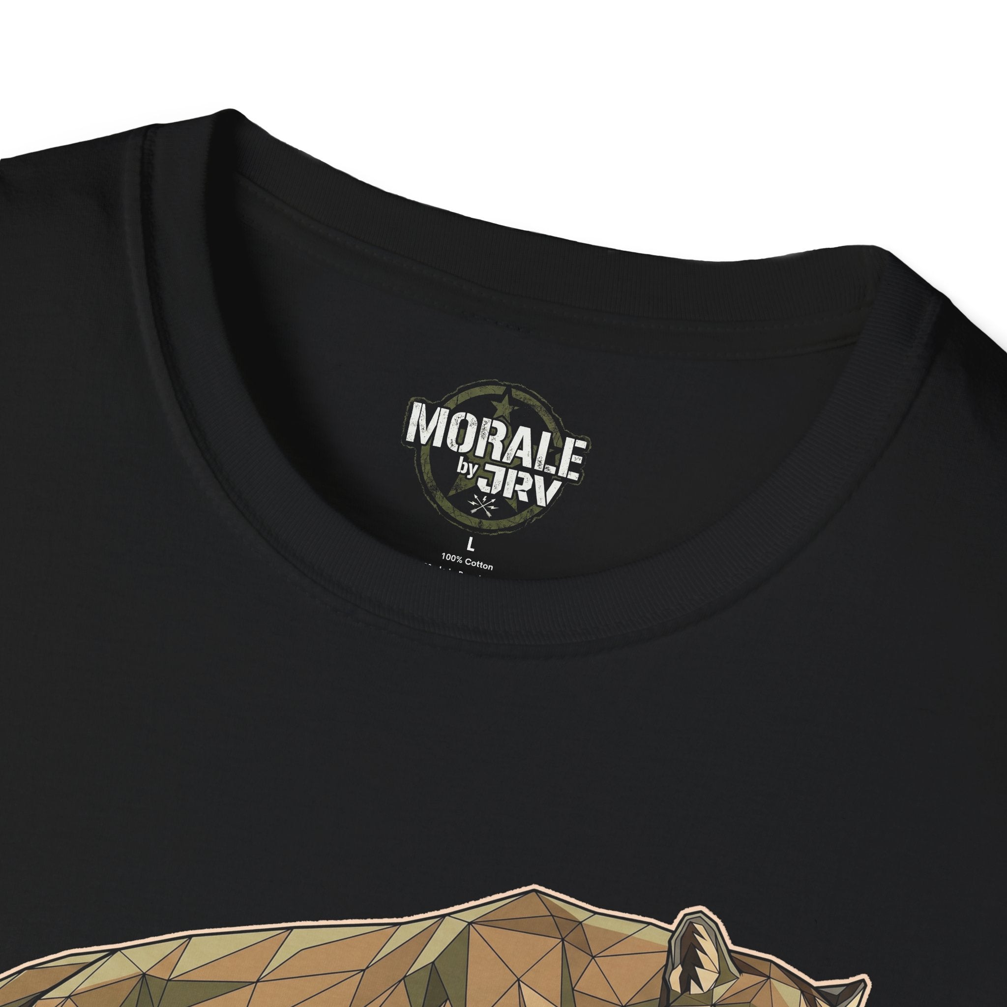 Leaping Cougar tee, black: “MORALE by TR1” neck label with partial bottom graphic