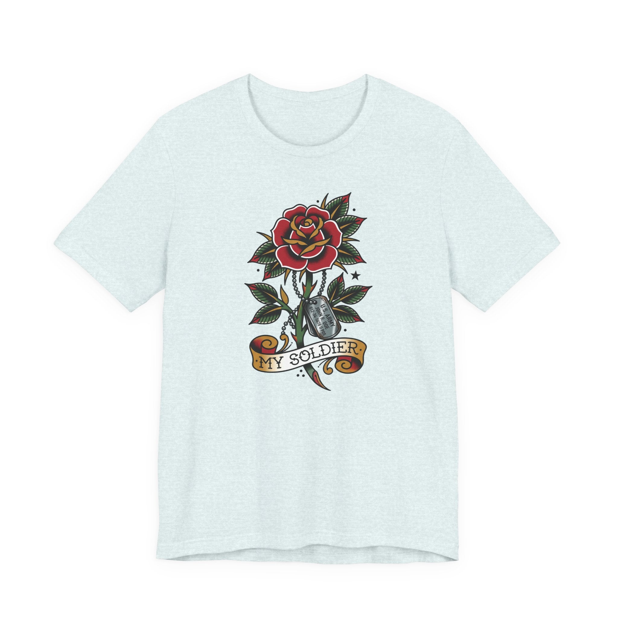 Pale aqua crewneck t-shirt with rose and dog tag graphic, My Soldier emblem.