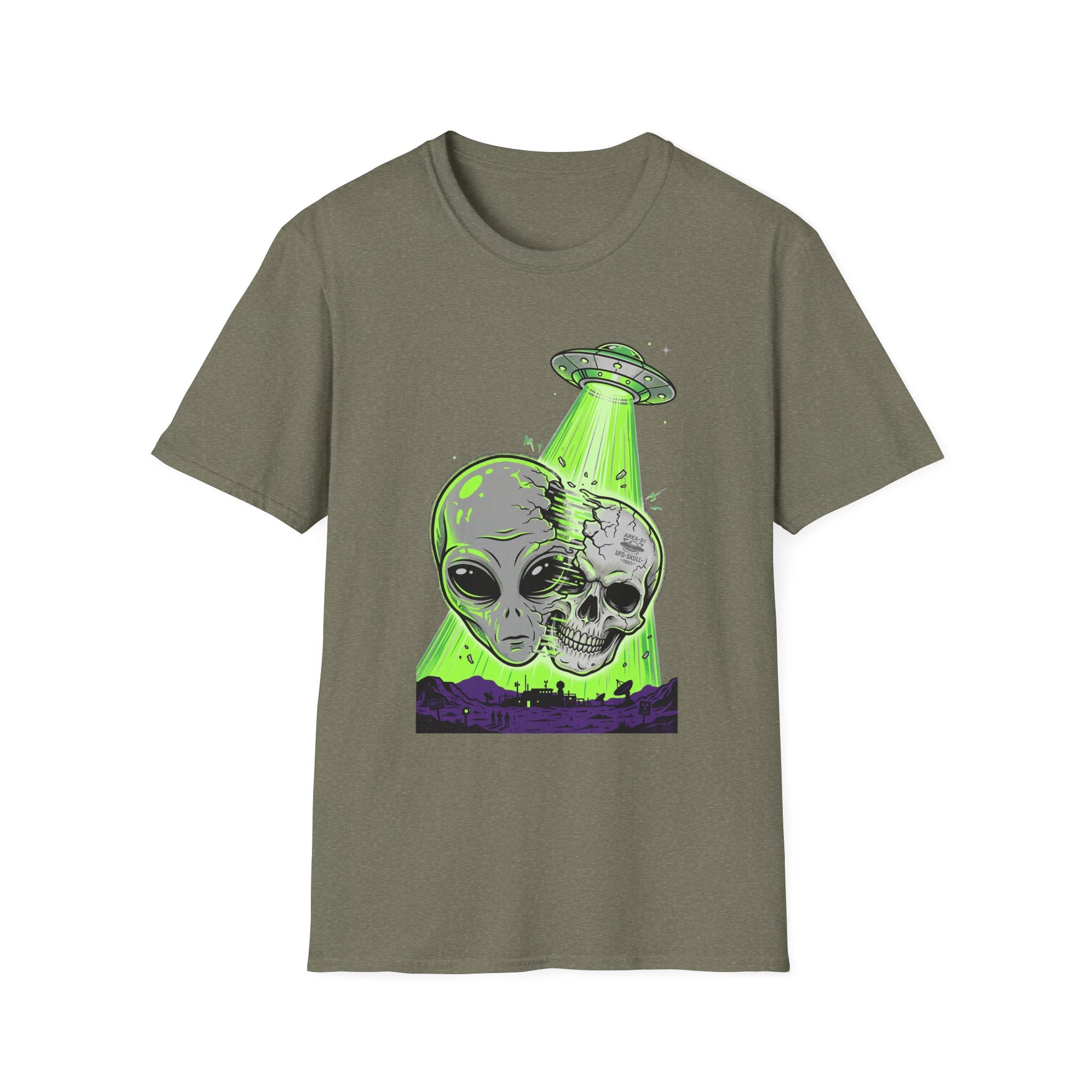 Alien & Skull T-Shirt, UFO tractor beam skull graphic on olive green tee