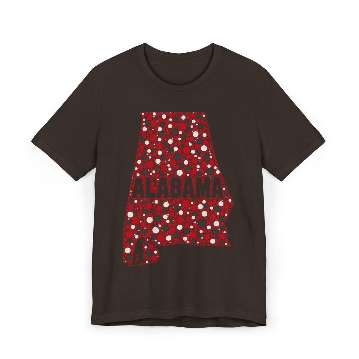 Black Alabama graphic T-shirt with red dotted state outline and “ALABAMA” text