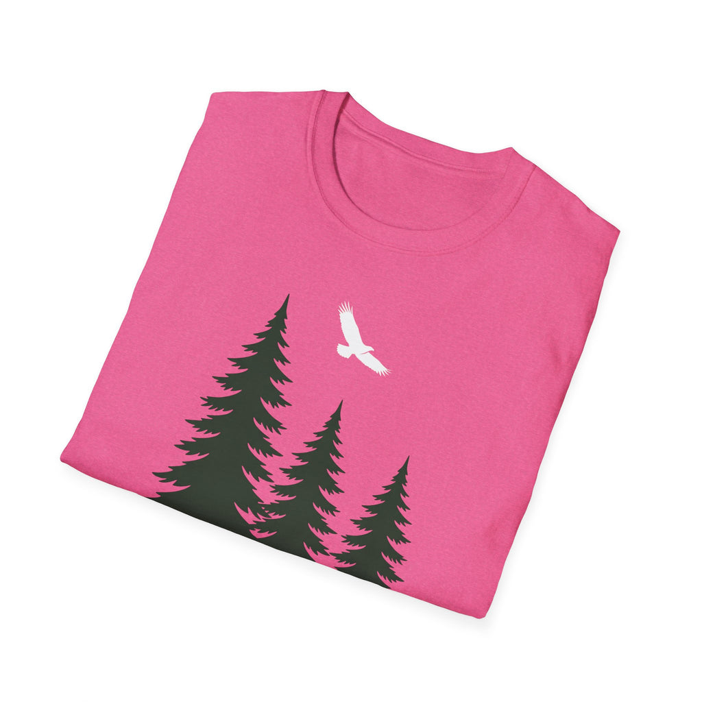 Fuchsia T-shirt with pine trees and white soaring bird graphic