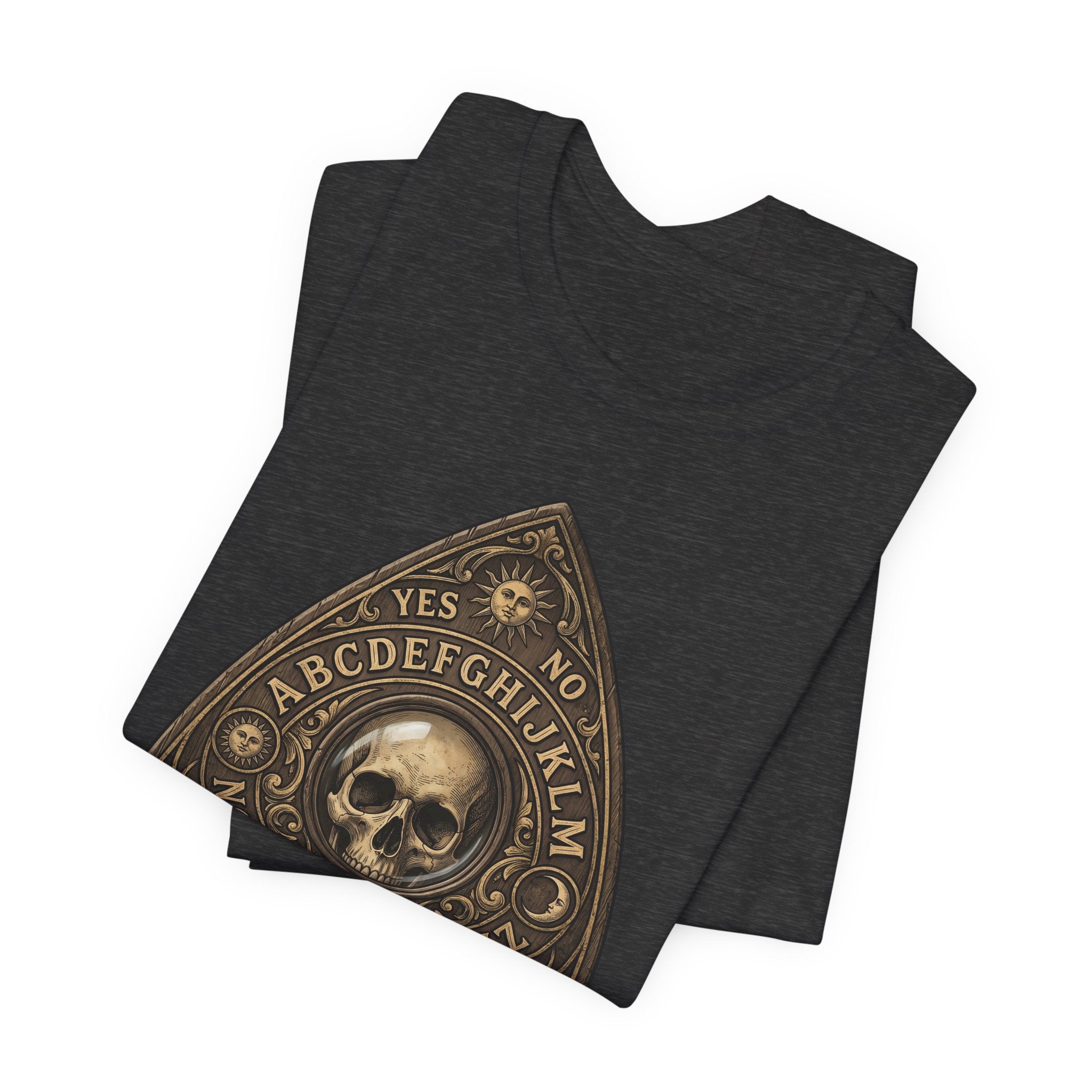 Skull Planchette T-Shirt, dunkelgrau meliert, Ouija-Dreieck mit Totenkopf und Buchstaben