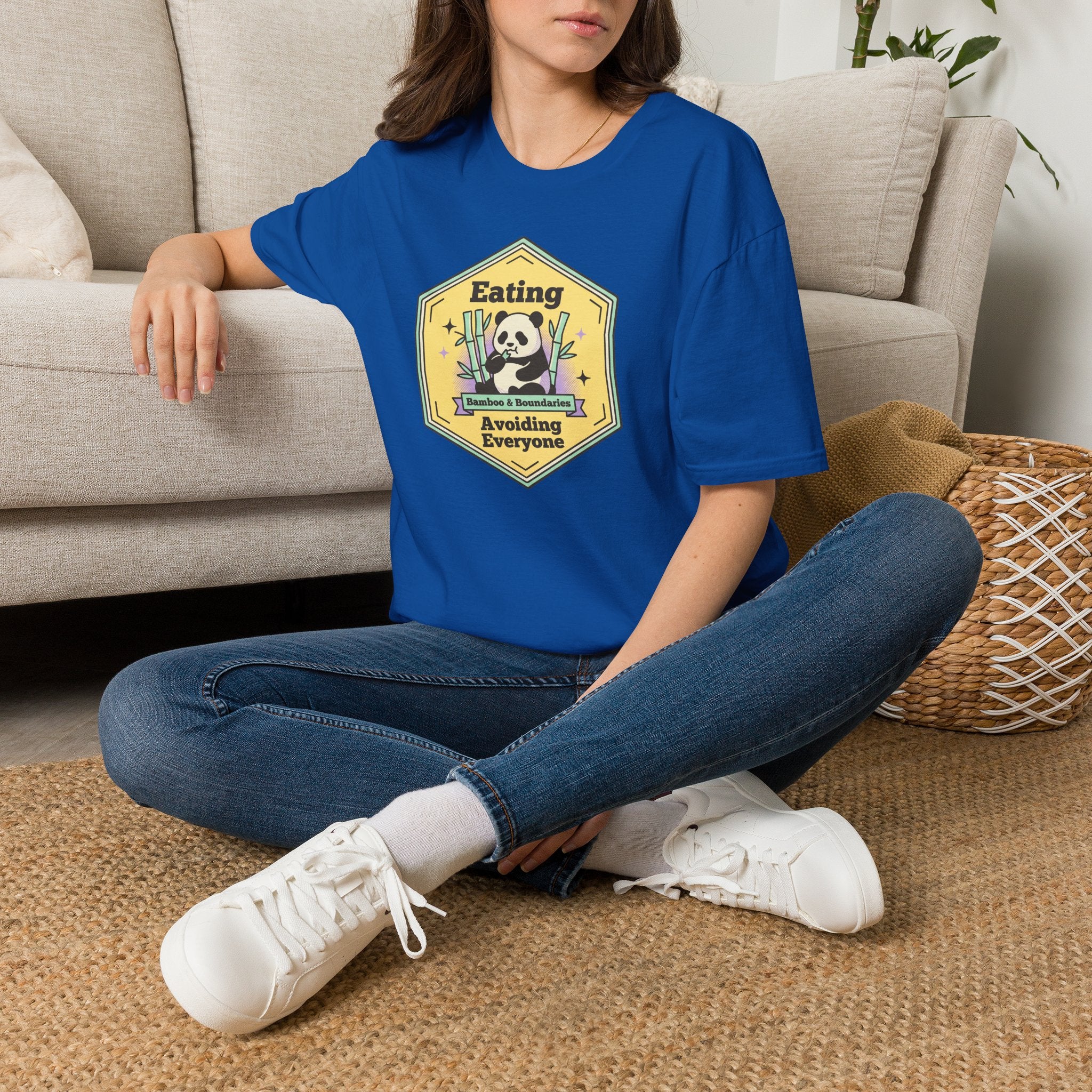 Unisex softstyle T-shirt, royal blue on-body front with skull cartoon graphic