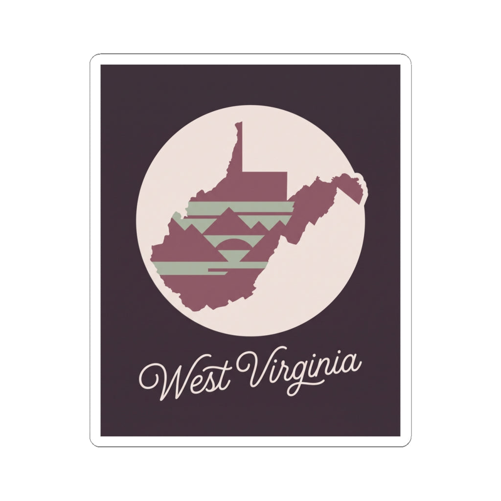 Purple square West Virginia decal with circular state silhouette and “West Virginia” script.