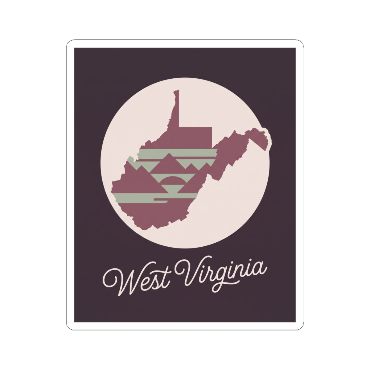 Purple square West Virginia decal with circular state silhouette and “West Virginia” script.