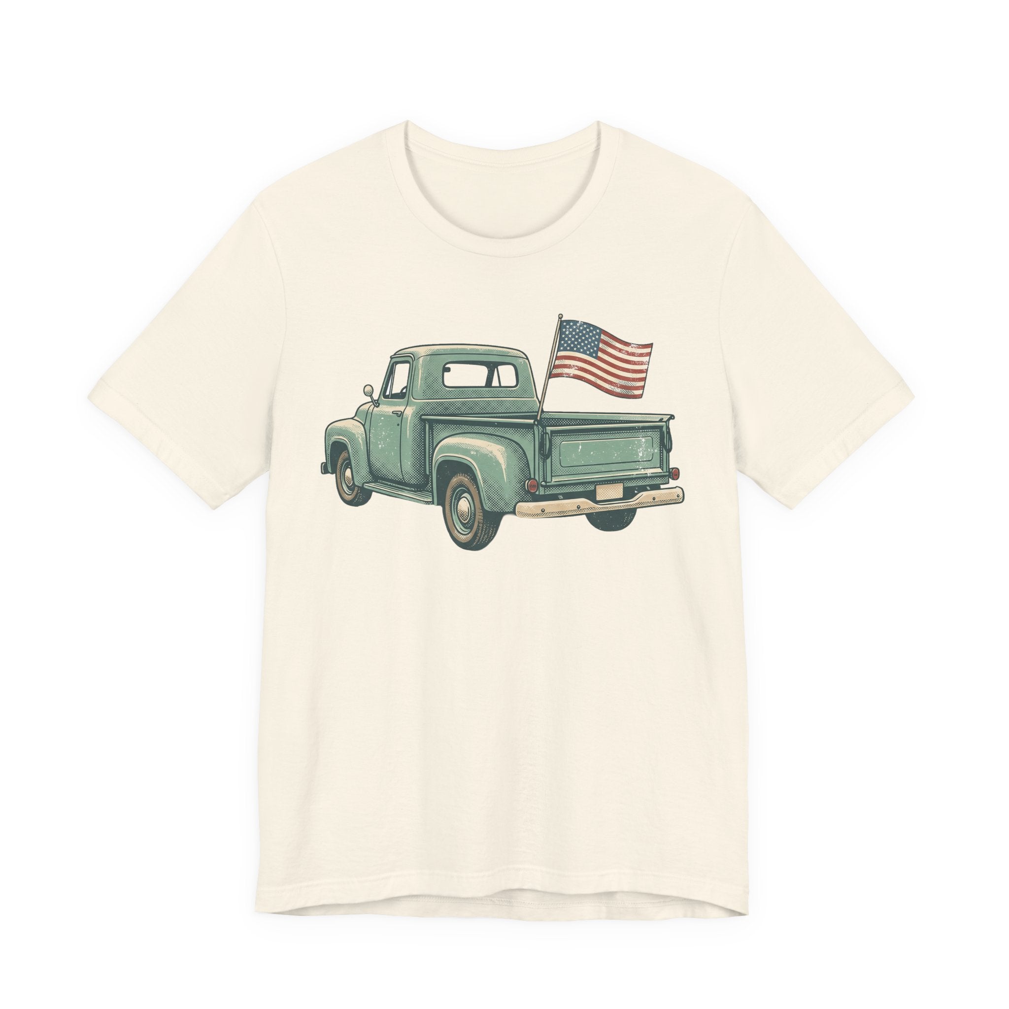 Cream T-shirt with green pickup truck and American flag graphic