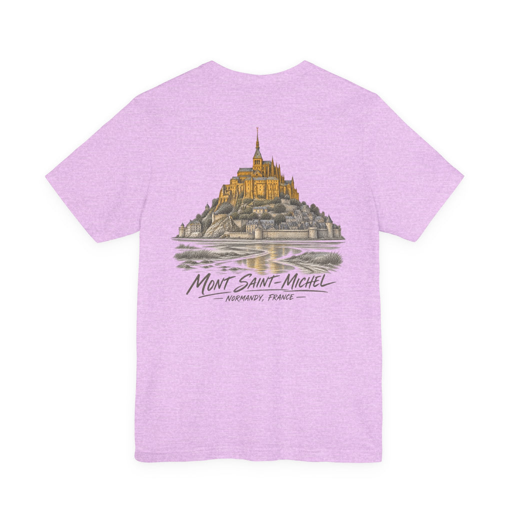 Lilac short-sleeve t-shirt with Mont Saint-Michel artwork and script logo across chest.