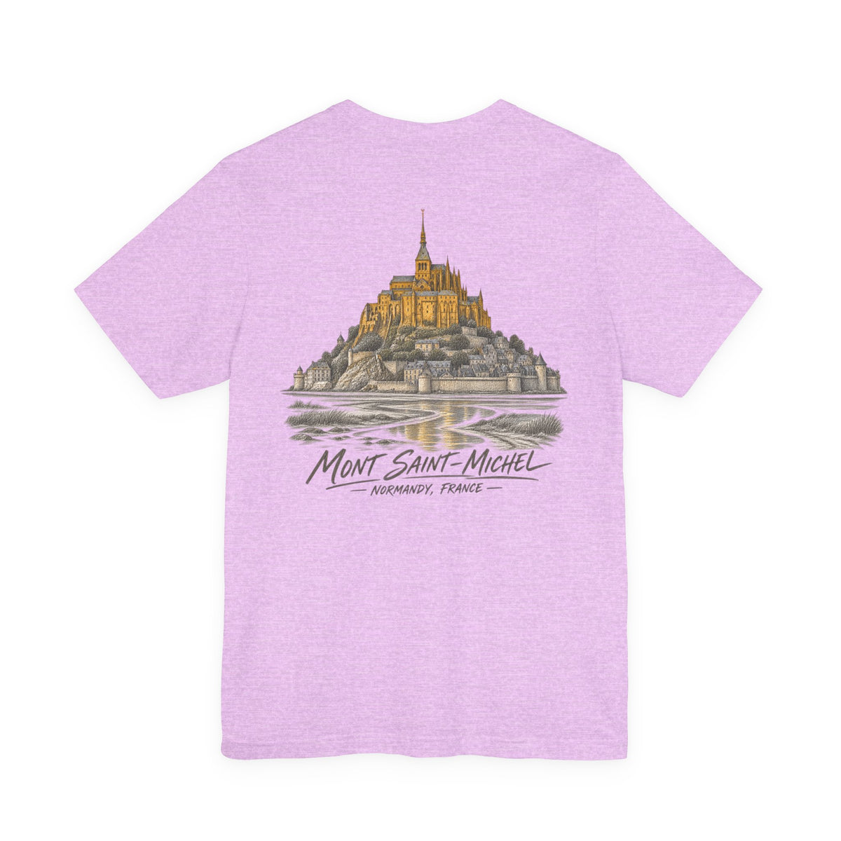 Lilac short-sleeve t-shirt with Mont Saint-Michel artwork and script logo across chest.