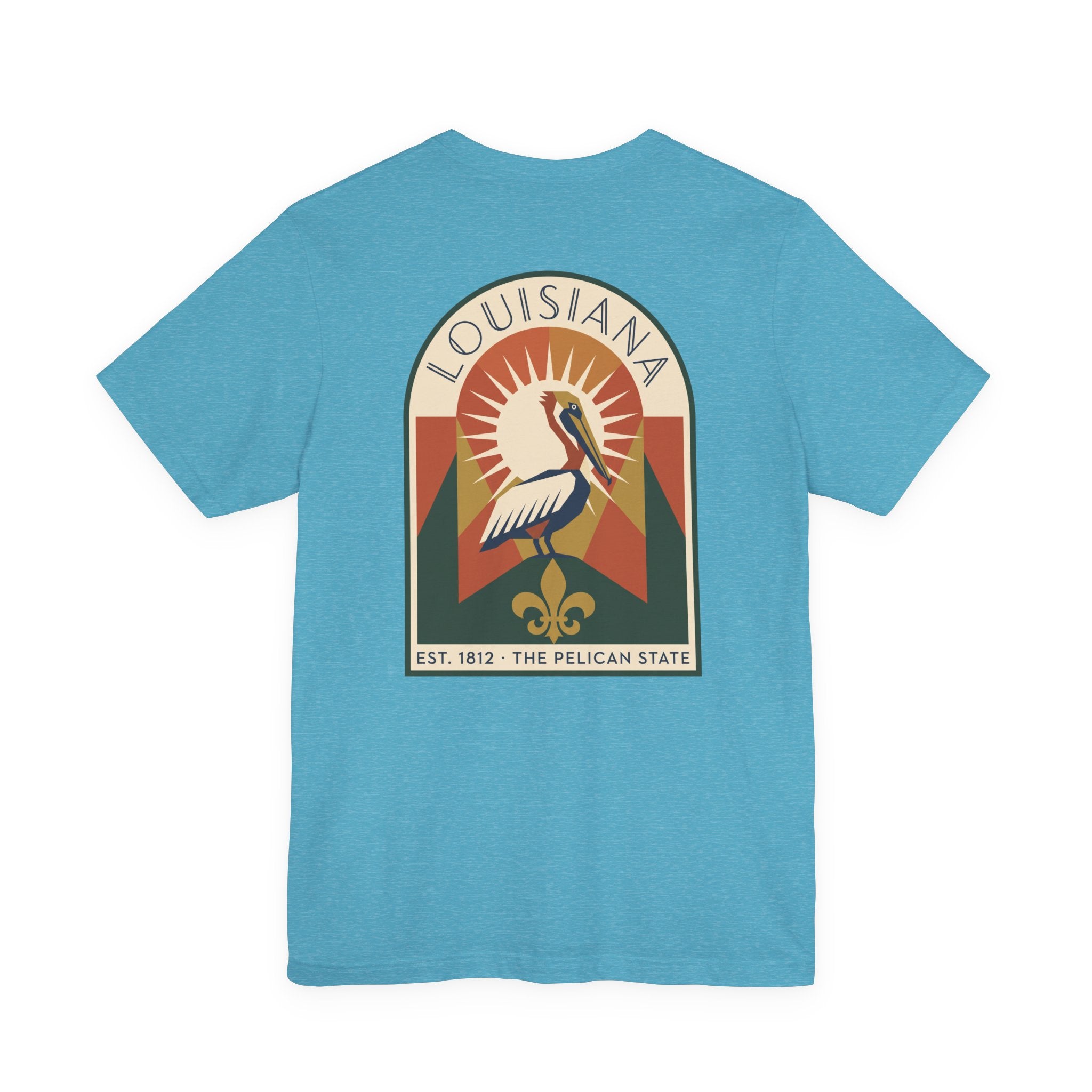Aqua t-shirt with Louisiana pelican art graphic on chest