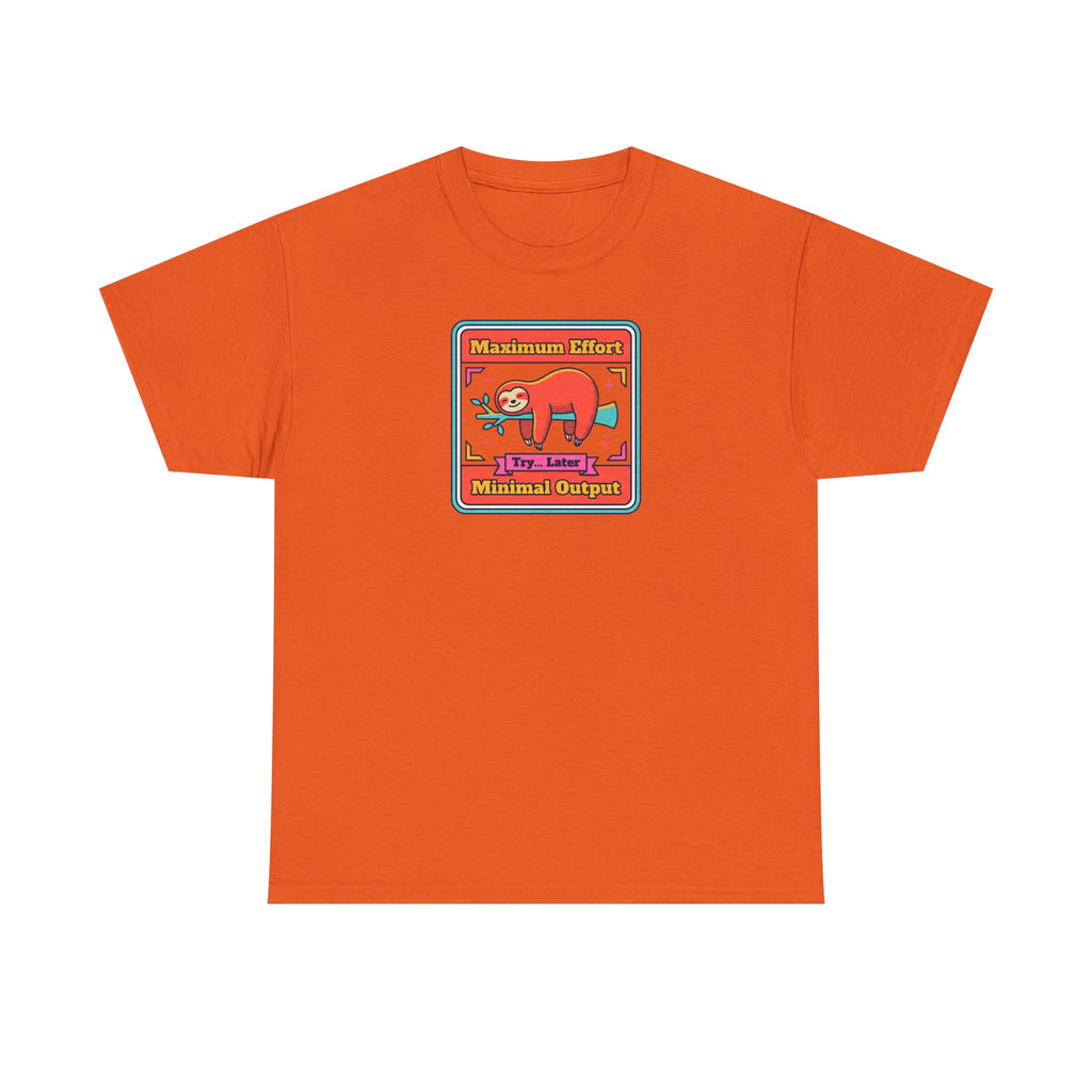 Orange short-sleeve T-shirt with colorful sloth graphic chest print