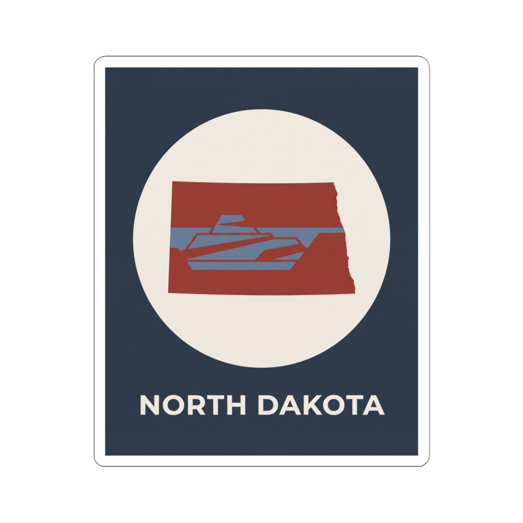 North Dakota map sticker featuring a red landscape map icon inside a cream circle