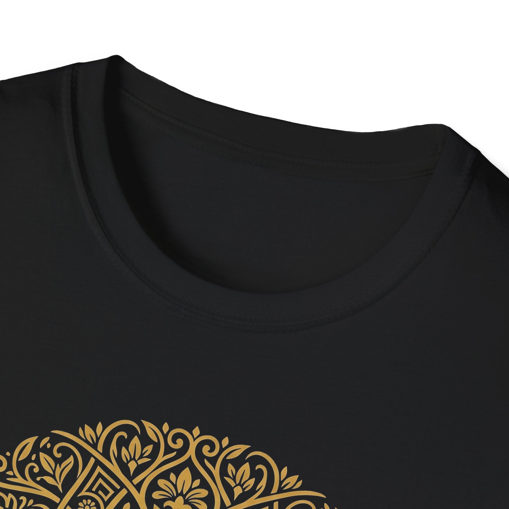 Black Gold Tree of Life T-Shirt close-up: crew neck and collar