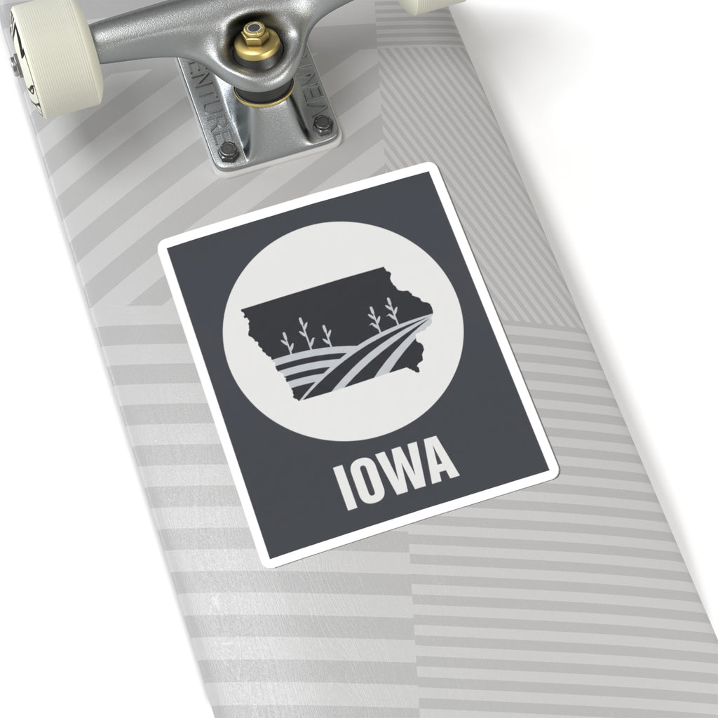 Iowa farmland graphic sticker with black square, white circle, and state silhouette plus “IOWA”