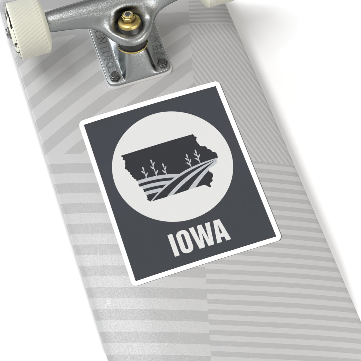 Iowa farmland graphic sticker with black square, white circle, and state silhouette plus “IOWA”