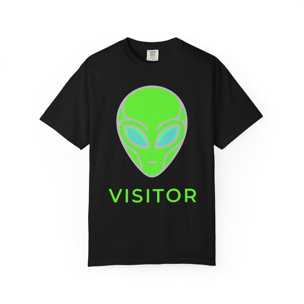 Black T-shirt with neon green alien head graphic and word VISITOR