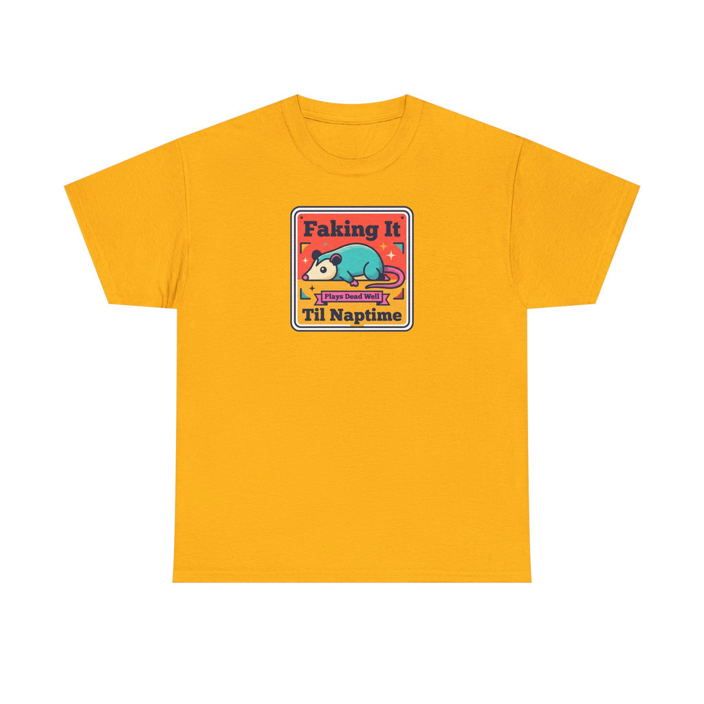 Orange T-shirt with framed “Faking It Til Naptime” sleepy panda graphic