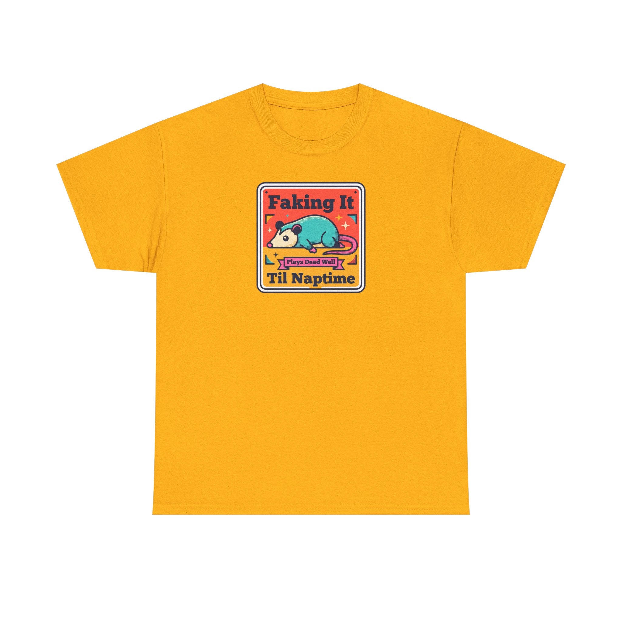 Orange T-shirt with framed “Faking It Til Naptime” sleepy panda graphic