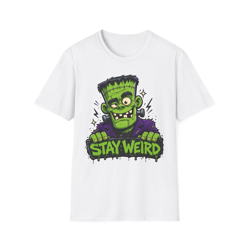 White T-shirt with green cartoon Frankenstein monster and “Stay Weird” text