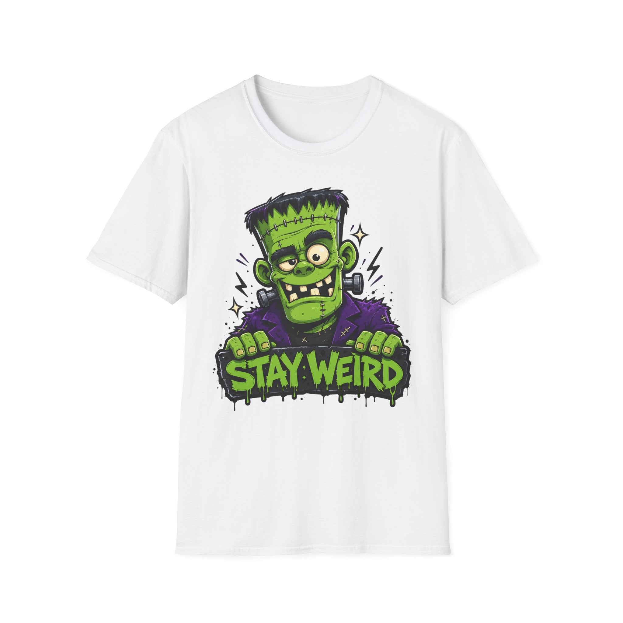 White T-shirt with green cartoon Frankenstein monster and “Stay Weird” text