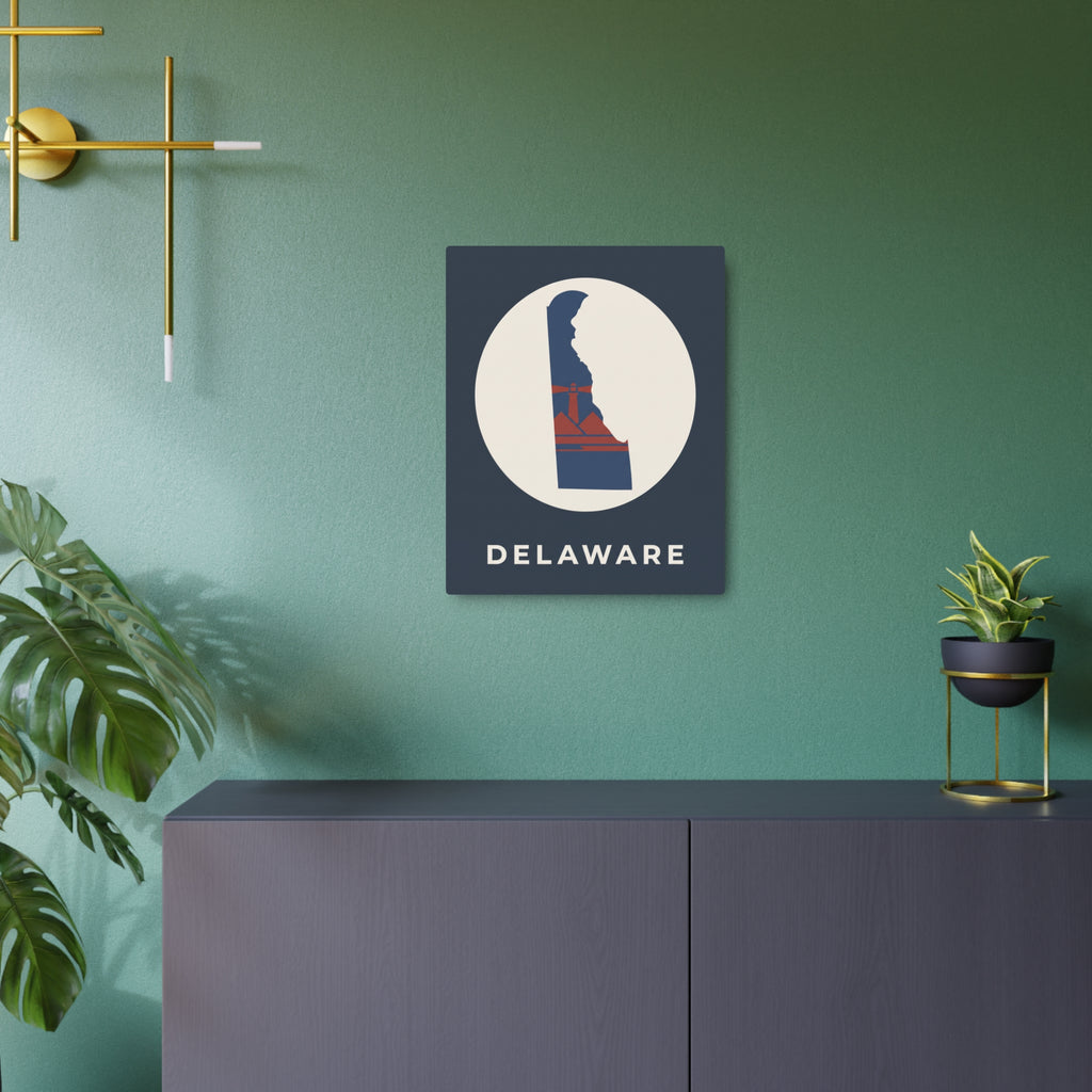 Delaware state map metal art sign, dark blue square with white circle and 'DELAWARE' text