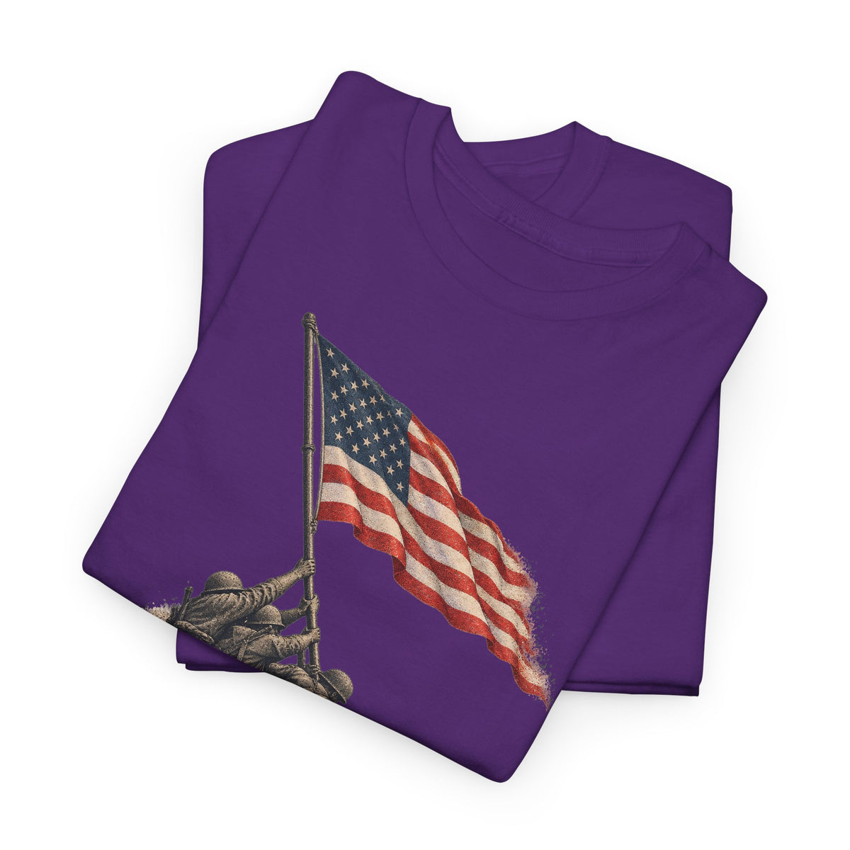 Purple short-sleeve T-shirt with flag-raising graphic on the front